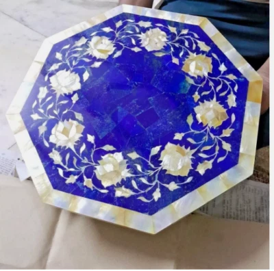12'' Marble coffee center Table Top inlay lapis mother of pearl stone decor home - Image 1 of 3