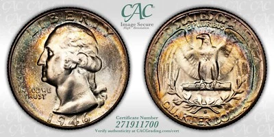 1946 S/S Washington Quarter - CAC MS66 - RPM FS-501 - TONED Stunner +++COLORS+++ - Image 1 of 4