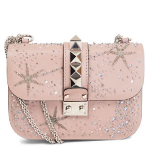 64699 auth VALENTINO pink leather CRYSTAL EMBELLISHED GLAM LOCK SMALL Bag 