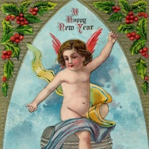 1910s New Year Adorable Cherub Angel Bell Holly Sash Red Wings Antique Postcard - Picture 1 of 3