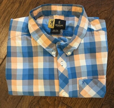 BROWNING Button Down Shirt Mens XXL 2XL Blue Orange Check Plaid Short Sleeve - Image 1 of 4