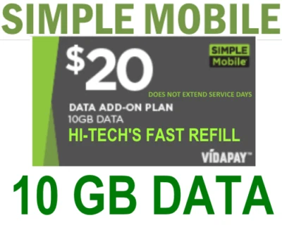 $20 SIMPLE MOBILE 💥 10GB DATA ADD-ON ✅  FASTEST SAME DAY DIRECT TO YOUR PHONE - Image 1 of 3