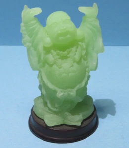 Vintage Chinese Green Laughing Buddha Standing on Wood Base 3.25" Tall - Picture 1 of 12