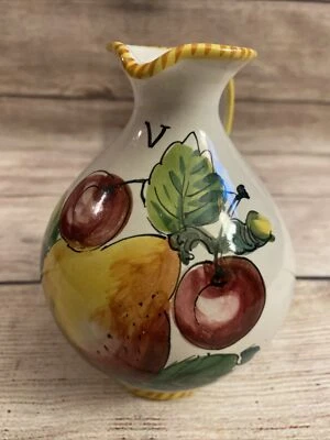 ITALIAN POTTERY CERAMIC VINEGAR CRUET PITCHER YELLOW WHITE PEAR CHERRIES FRUIT  - Image 1 of 4