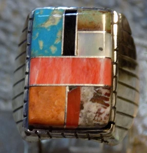Mens  Ring Sterling  Kingman Turquoise multi stone Navajo Trevor Jack Size 10 - Picture 1 of 6