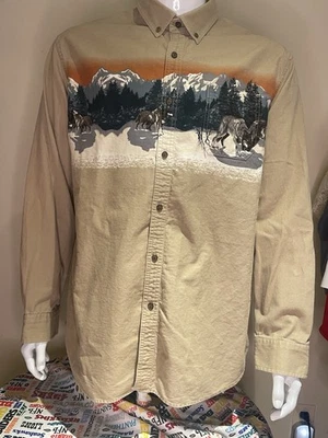  100% 纯棉狼和森林纽扣长袖 XL 码自然野生动物  — 第 1/4 张图片