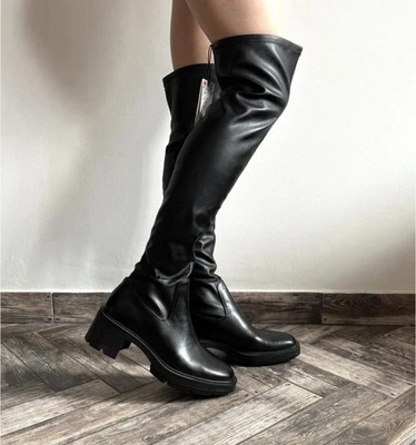 DDP NUEVO Botas Zara Hasta la Rodilla Calcetín Negro Imitación Cuero Talla 38 Foto 1 de 4