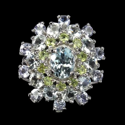 Anello in argento sterling 925 ovale acquamarina 8x6 mm peridoto tanzanite... - Immagine 1 di 4