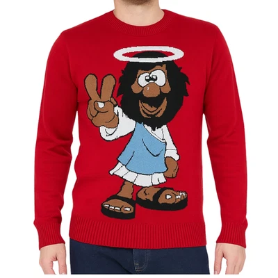 Men Happy Jesus Christmas Jumper Knitted Xmas Sweater Funny Red  Long Sleeve - Image 1 of 2