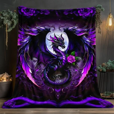 Purple Dragon Blanket: Moonlit Winged Dragon with Rose Design, Cozy Home Throw