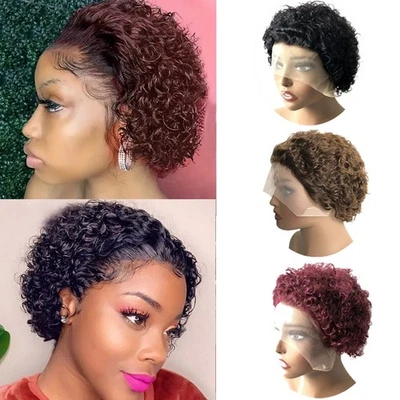 Pelucas cortas de cabello humano de 6" corte pixie para mujeres negras 13x1 pelucas rizadas afro de encaje EE. UU. Foto 1 de 4