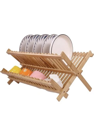 Бамбуковая сушилка для тарелок, складная сушилка для тарелок для кухонного стола - Изображение 1 из 4