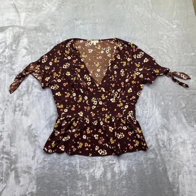Lily White Burgundy Floral Peplum Wrap V Neck Tie Sleeve Top Size L Boho - Image 1 of 4