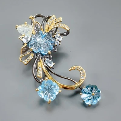 Broche de topacio azul natural hecho a mano de 25 quilates + plata de ley 925/NB30445 Foto 1 de 4