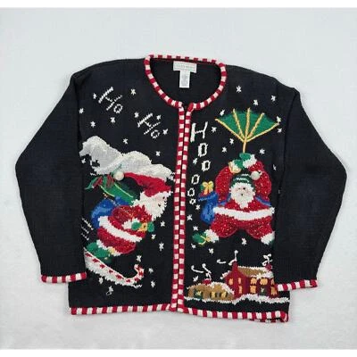Suéter Vintage Navidad Talla Pequeña Negro Cremallera Cárdigan Santa Presents HoHoHo Foto 1 de 4