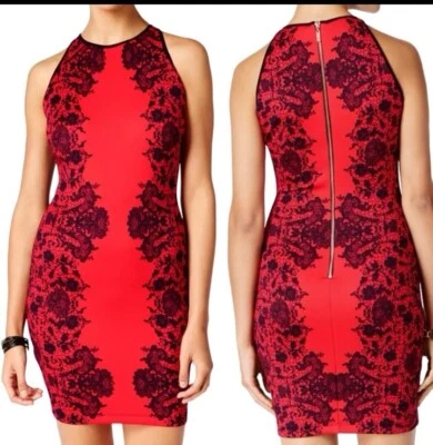 Vestido ceñido al cuerpo B. Darlin rojo cuello alto talla 3/4 negro terciopelo encaje sin encaje Foto 1 de 3