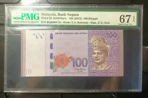 MALAYSIA BANKNOTE RM100 PMG67EPQ LOW NUMBER BQ0000078 ZETI GABENOR - Picture 1 of 2