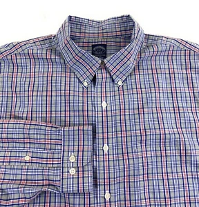 Brooks Brothers Men's Non-Iron Button Down Pocket Gray Blue Check Shirt 2XLT - Picture 1 of 8