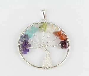 Chakra Tree Gemstone Hippy Tribal Silver Colour Pendant 4cm Diameter - Picture 1 of 3