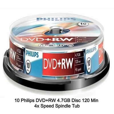 10 Philips DVD+RW 4.7GB Disc 120Min 4x Speed Spindle Tub Rewritable Blank Discs - Image 1 of 4