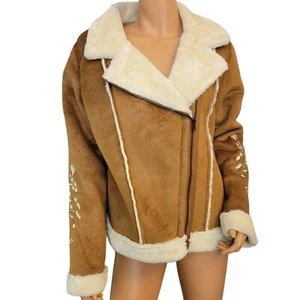Solitaire Jacket Womens Large Fur Lined Moto Bomber Floral Embroidery - Picture 1 of 15
