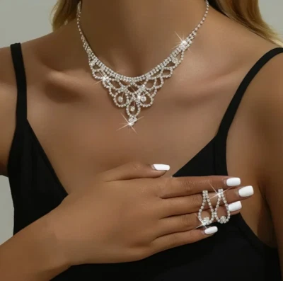 Elegante Collar Pendientes 3 PIEZAS Lujosa Gargantilla de Encaje Brillo Exquisito Foto 1 de 4