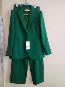 Zara Co-ord Set Straight-cut Blazer Sz L + Pants Sz M ZW Collection Green BNWT - Picture 1 of 22