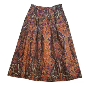 Gonna plissettata vintage Lands' End marrone oro blu verde paisley 100% lana taglia 10 - Foto 1 di 10