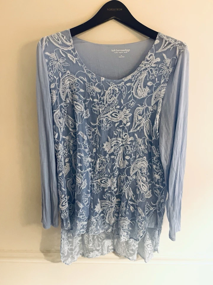 Soft Surroundings Silk Asymmetric Lace Embroidered Top Boho Long Sleeve Sz 1X - Image 1 of 4