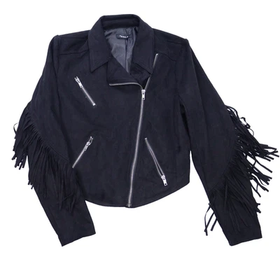 Torrid Womens L Jacket Black Fringe Suede Asymmetric Zip Boho Western Cowgirl - Image 1 of 4