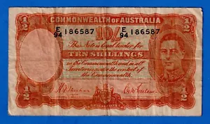 Australia 10 Shillings 1939-52 P-25a King George VI Circulated Note E94 186587 - Picture 1 of 3