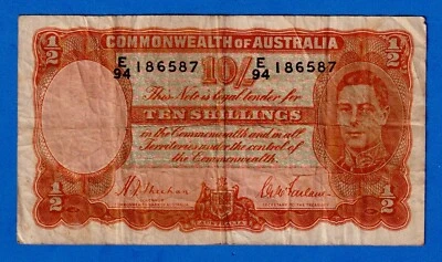 Australia 10 Shillings 1939-52 P-25a  King George VI Circulated Note E94 186587 - Image 1 of 3