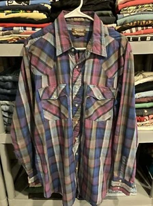 Vintage Outlaw Western Wear Pearl Snap Shirt XLT Long Tails Pearl Snap Plaid - Picture 1 of 4