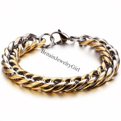 Brazalete de eslabones de cadena cubano de dos tonos de acero inoxidable punk fresco de 8,7" para hombre Foto 1 de 4