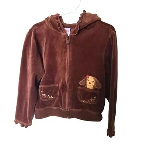Gymboree Velour Brown Hoodie size 6 Embroidery Dog Flowers Pockets - Picture 1 of 4