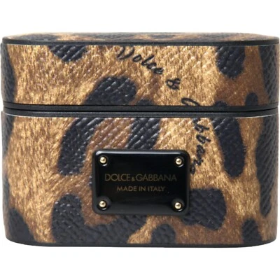 DOLCE & GABBANA Airpods Case Brown Leopard Calf Leather Metal Logo Plaque 270usd - Image 1 of 4