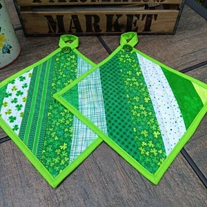 POTHOLDER HOT PAD SET -HANDMADE QUILTED ST. PATRICK'S IRISH (2) W/ HANGING LOOPS - Picture 1 of 6