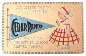 Postkarte Zeder Stromschnellen von 1913, Iowa mit Filzflagge befestigt - Bild 1 von 3