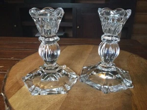5" Crystal Candlesticks Candle Holders Set of 2 Hexagonal Foot Ribbed Stem - Picture 1 of 2