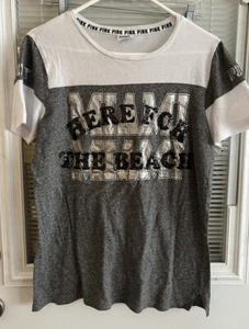 VICTORIA SECRET PINK T Shirt Tee Gray White Miami Beach Here For The Beach Sz M - Picture 1 of 4