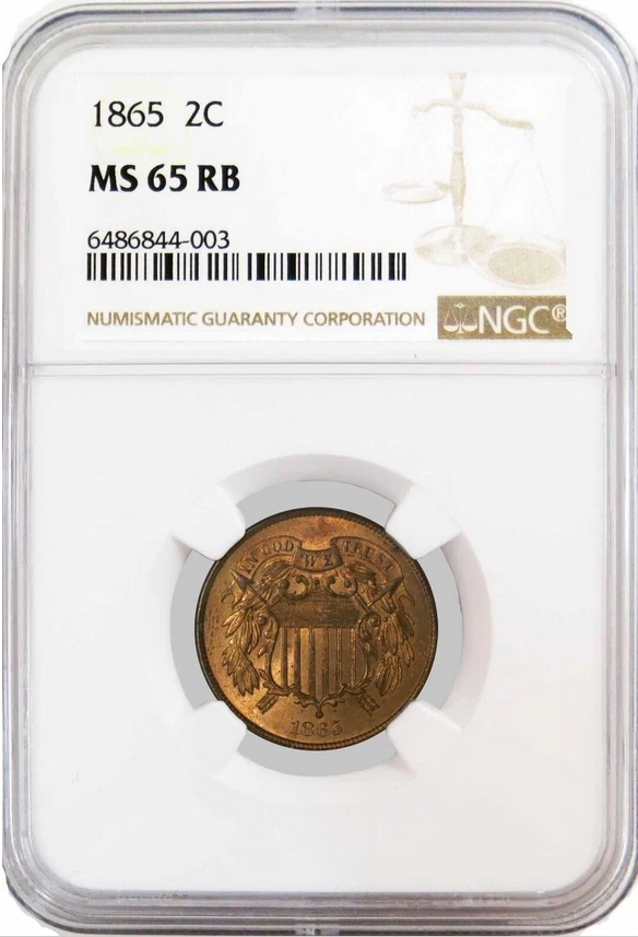:1865 SHIELD TWO CENT GEM BU NGC MS65RB(RED OBV) LOW POP RARIETY R4 HIGH GRADES - Image 1 of 4