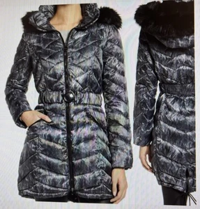 Laundry By Shelli Segal Women XL Black & White Mid Puffer Coat Removable Hood - Picture 1 of 9