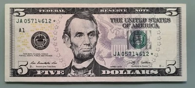 2009 Five Dollar Federal Reserve Note $5 STAR NOTE Circulated #96477 - Image 1 of 2