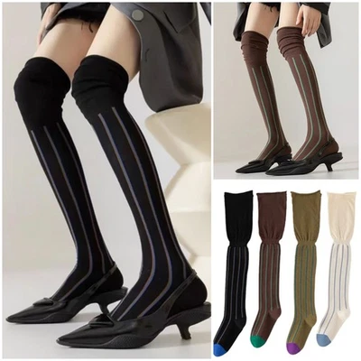 Mujeres Rayas Verticales Calcetines Sobre la Rodilla Medias Sueltas Boca Térmica Calcetines Largos Foto 1 de 4