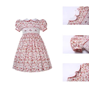 Summer Girls Smocked Dresses Red Floral Print Party Wedding Dresses 2-12 Years - Picture 1 of 12
