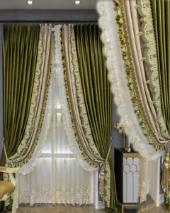 Custom luxury French thick olive green velvet cloth curtain tulle drape C1448 - Picture 1 of 12