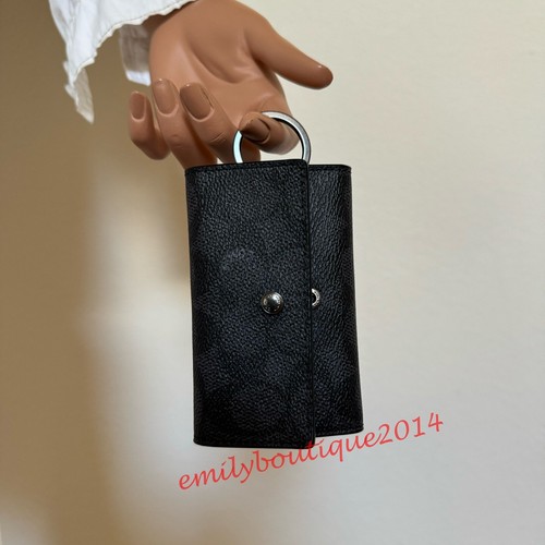 Portachiavi Coach 69097 quattro anelli in tela firmato nero antracite nuovo con etichette