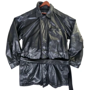 VTG Wilsons Leather Jacket Women's 1X Black Belted Trench Coat Lined Moto - Picture 1 of 9