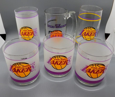 Vintage Los Angeles LA Lakers Glasses Frosted & Clear  1980’s Mobil Gas Set Of 6 Cover