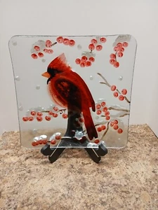 Impressed Glass Art Square Plate Red Cardinal On Snowy Cranberry Branch 11” - Picture 1 of 6